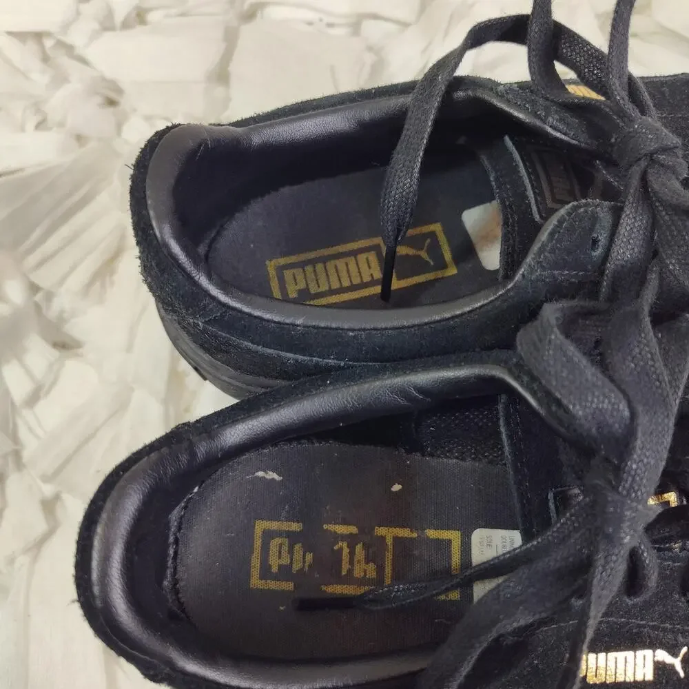 Puma Basket Low Top Shoes Womens Size 8.5 Black Suede Gold Metallic Toe Cap